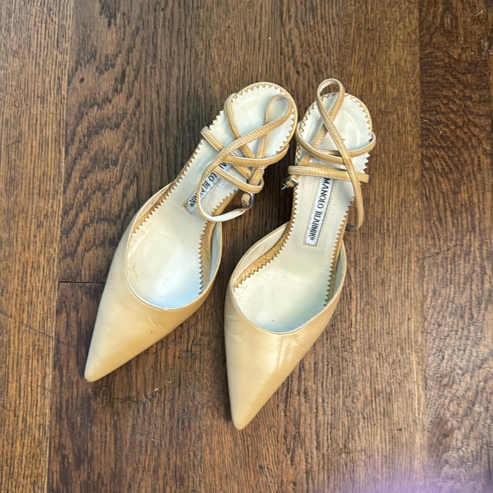 Manolo Blahnik beige pointy close toed sandal